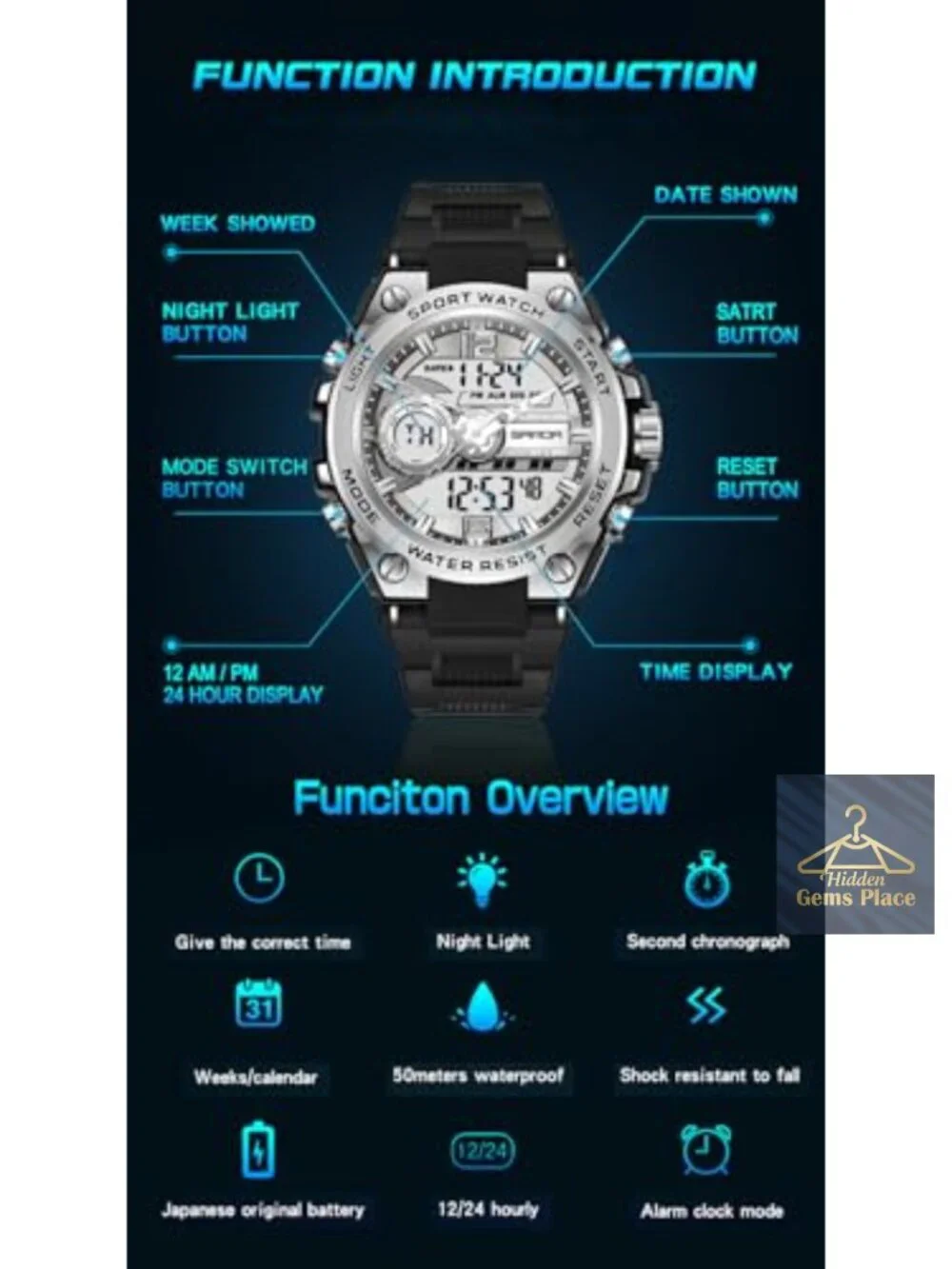 Waterproof Military Sport Watch LED Alarm Stopwatch